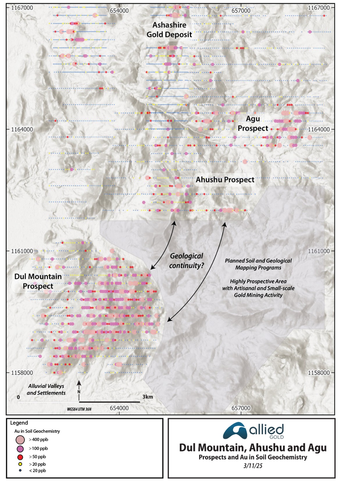 Dul, Ahushu and Agu Prospects Gold-in-Soil Anomalies