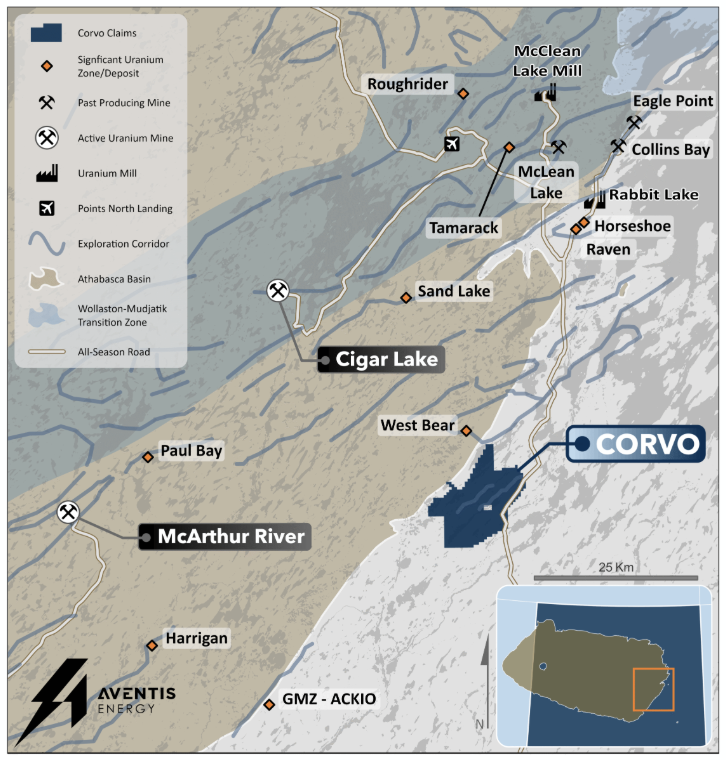 Regional map of the Corvo Project. The Project is located sixty (60) km due east of Cameco’s McArthur River mine and forty-five (45) km northeast of Atha Energy’s GMZ.