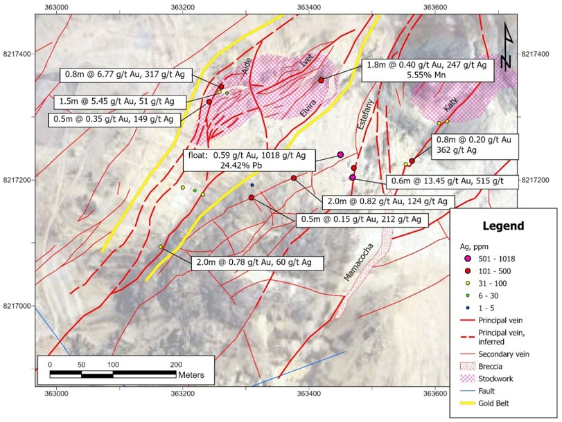 Surface sample results, Mamacocha Zone. Channel sample 4017: 1.5m @ 5.45 g/t Au, 51.3 g/t Ag from Gold Belt Zone (Franja de Oro)