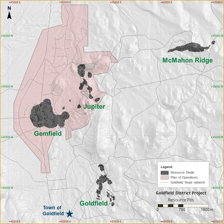 Plan view of the four mineralized zones – Goldfield Main, Gemfield, Jupiter, McMahon Ridge
