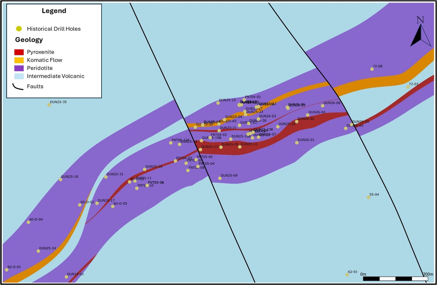 Generalized geological plan map of the Dundonald North Deposit and the location of the historical drill hole collars.
