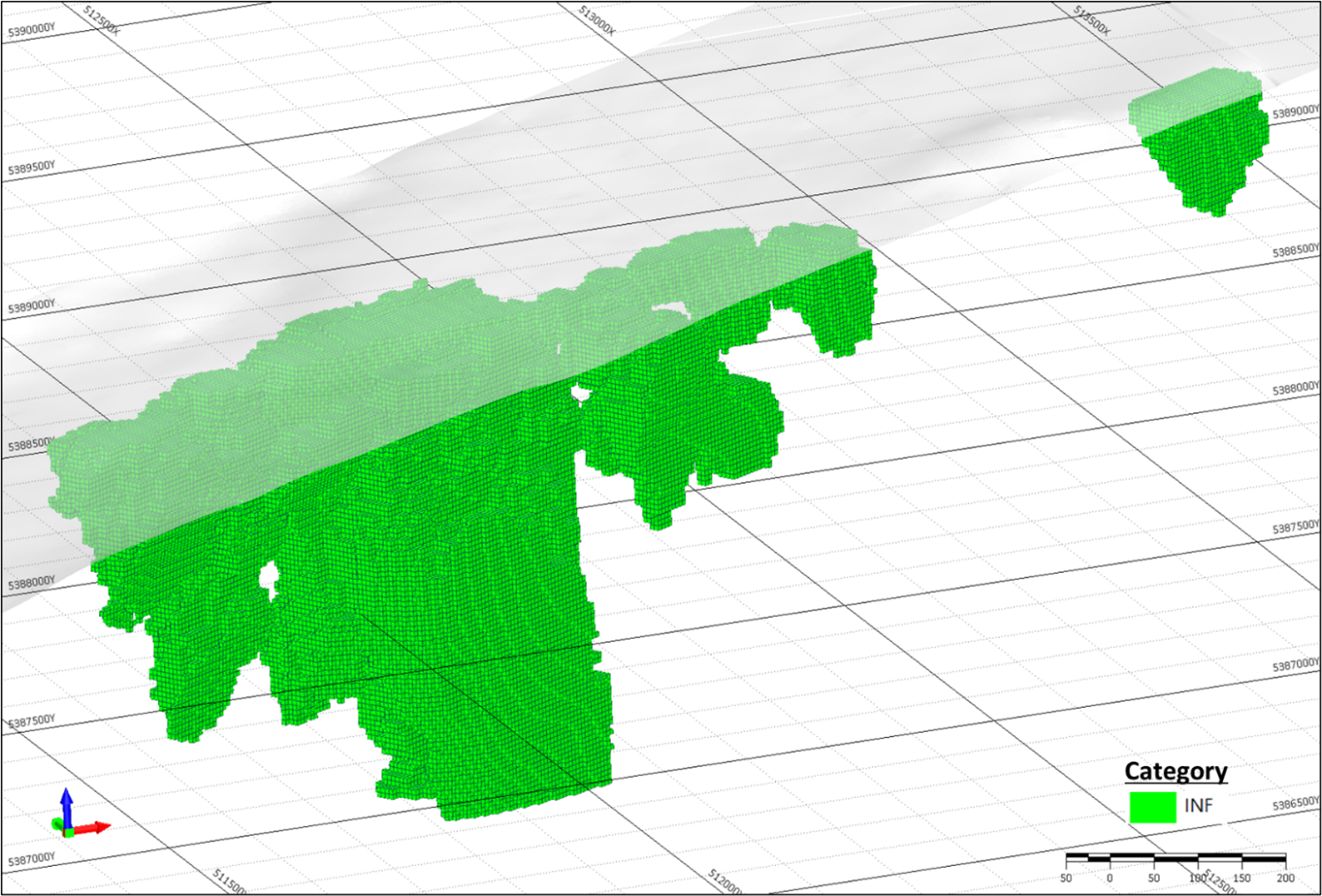 Isometric view (looking northeast) of the Dundonald North Nickel Sulphide Deposit showing Inferred (green) resources.