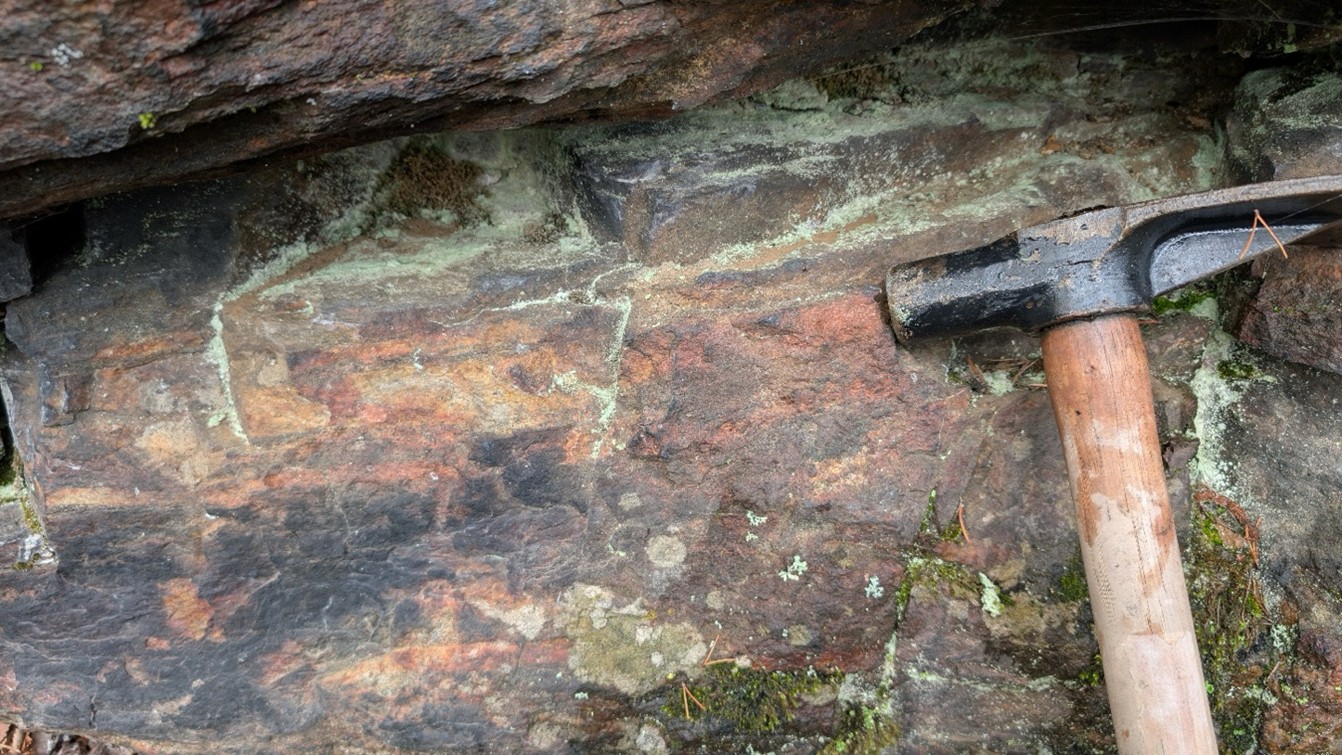 Oxidized metasediment outcrop with hematite and limonite alteration.