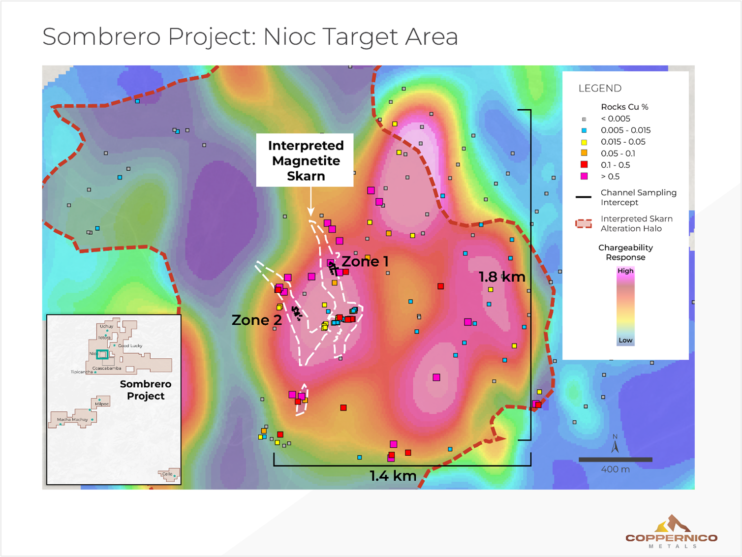 Location map of channel sampling and rock samples over chargeability data at 3,850 m elevation, ~200 m below surface, interpreted extent of magnetite skarn based on outcrop mapping.