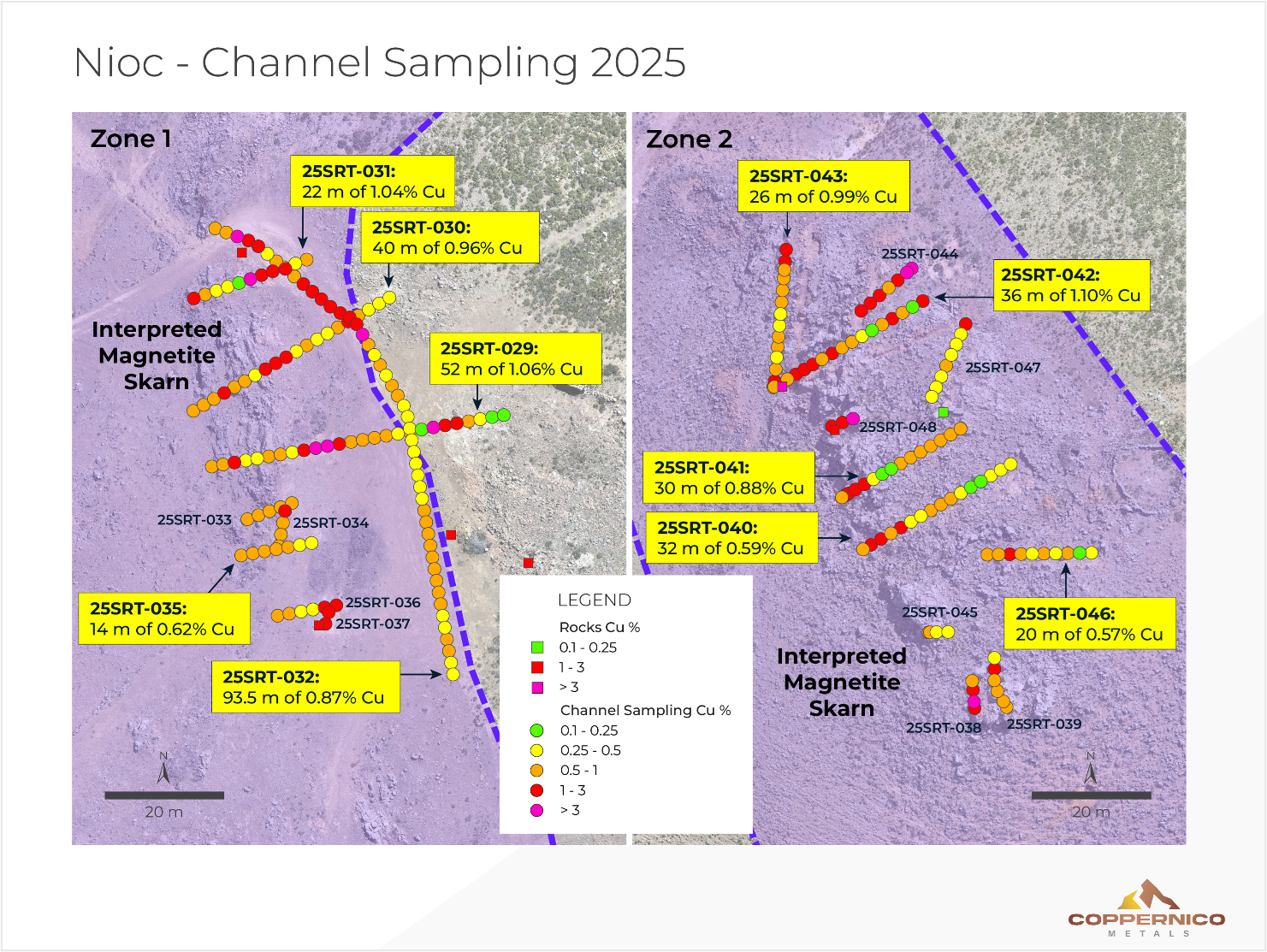 Outcrop map showing location of channel samples at the Nioc target area