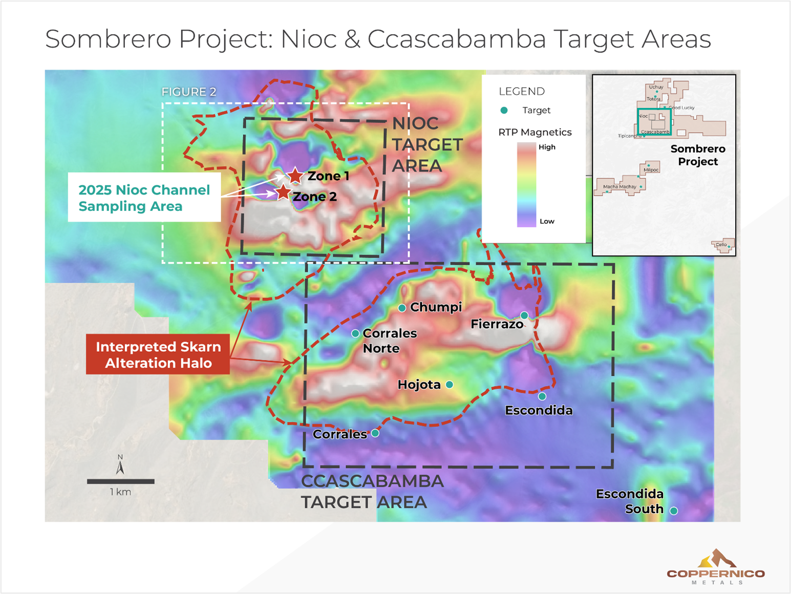 Map with location of Nioc target area, illustrating extensive skarn alteration and a clustered skarn environment with the adjacent Ccascabamba system.