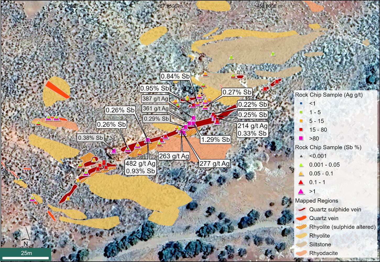 Geological mapping and significant Sb and Ag rock chip results at the SE Wyloo prospect (results in grey previously reported – Refer to Novo’s ASX announcement dated 11 September 2024 – Evaluation of Pilbara Antimony-Gold potential generates positive results)