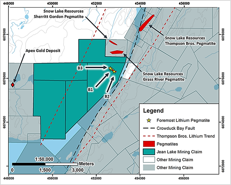 Map of Jean Lake’s B1, B2 and B3 Spodumene Bearing Pegmatites