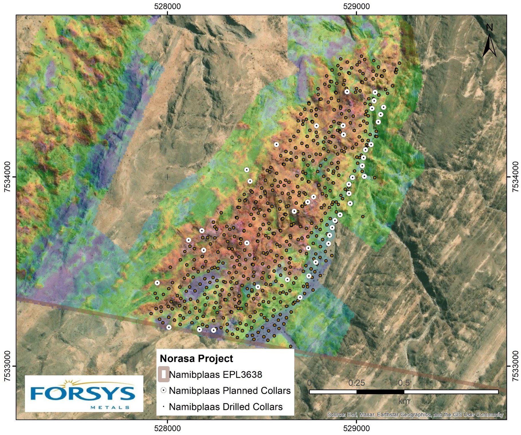 Additional drillholes at Namibplaas Area B planned by MSA. (ground scintillometer overlay)