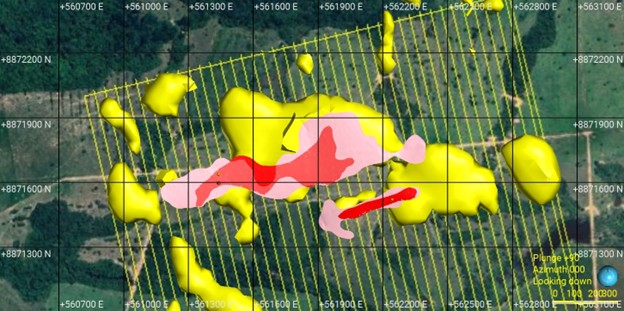 Copeçal Gold Project showing the East Target outline of the VLF-EM survey lines (in yellow), the location of the High Resistivity Anomaly (greater than 1800 ohm*m), relative to coincident surface and saprolite Au Geochemistry Anomalies (Pink greater than 20ppb Au, Red greater than 100 ppb Au).