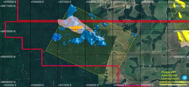 Copeçal Gold Project showing the West Target outline of the VLF-EM survey lines (in yellow), the location of the High Conductivity Anomaly (Less than 250 ohm*m) relative to coincident surface and saprolite Au Geochemistry Anomalies (pink greater than 20 ppb Au, orange greater than 50 ppb Au).