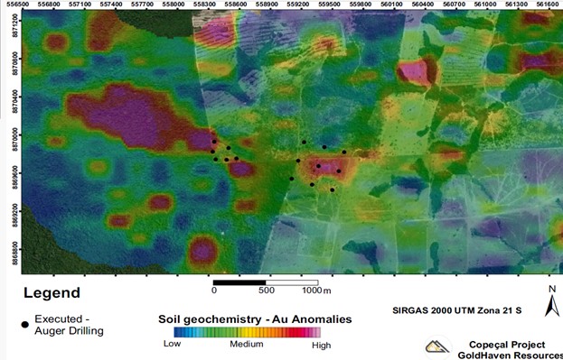 Auger Drilling program completed 15 reconnaissance holes targeting geochemical – structural targets projected towards the south-east from the western anomaly