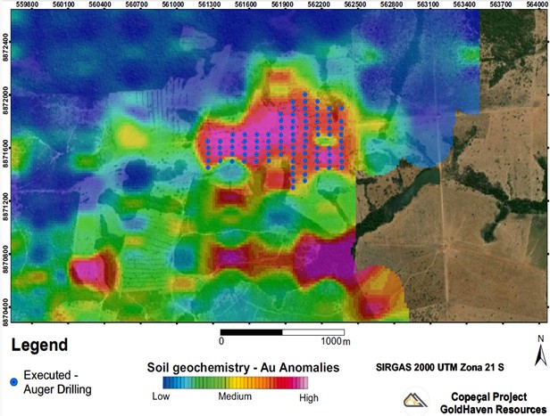 Auger Drilling program completed 92 Auger holes which systematically covered the main area of the east anomaly on a 100m x 50m grid