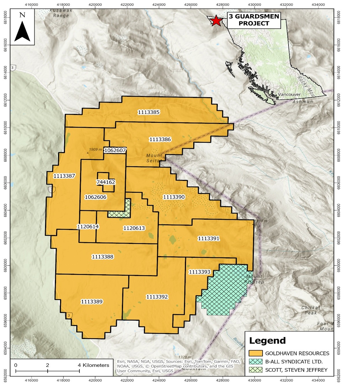 Three Guardsman Project location in Northwestern BC highlighting showings and past producing projects nearby