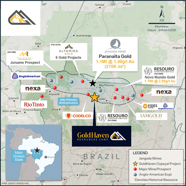 Location of the Copeçal Gold Project within Alta Floresta gold province, with competitor locations. Sourced from www.jangadamines.com