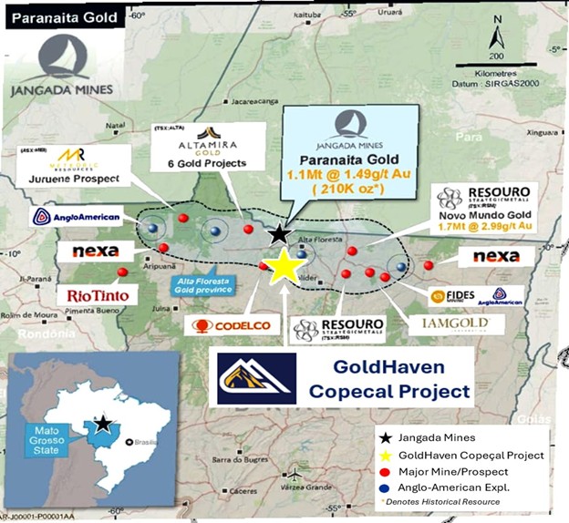 Location of the Copeçal Gold Project within Alta Floresta gold province, with competitor locations. Sourced from www.jangadamines.com