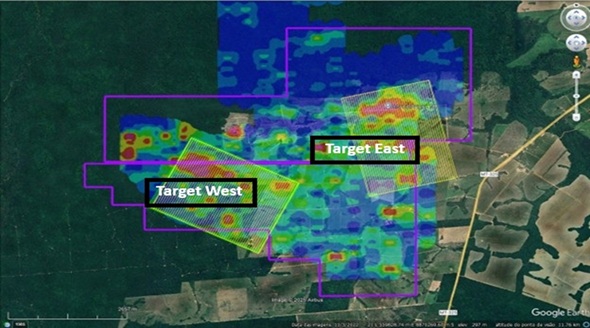Copeçal Project showing the location of the Priority East and West Targets with VLF-EM survey lines (in yellow) over AU anomalies