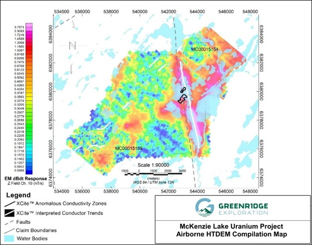 Figure 2 - Xcite™ EM response (Ch.10 data), with Interpreted Conductor Trends and Anomalous Conductivity Zones