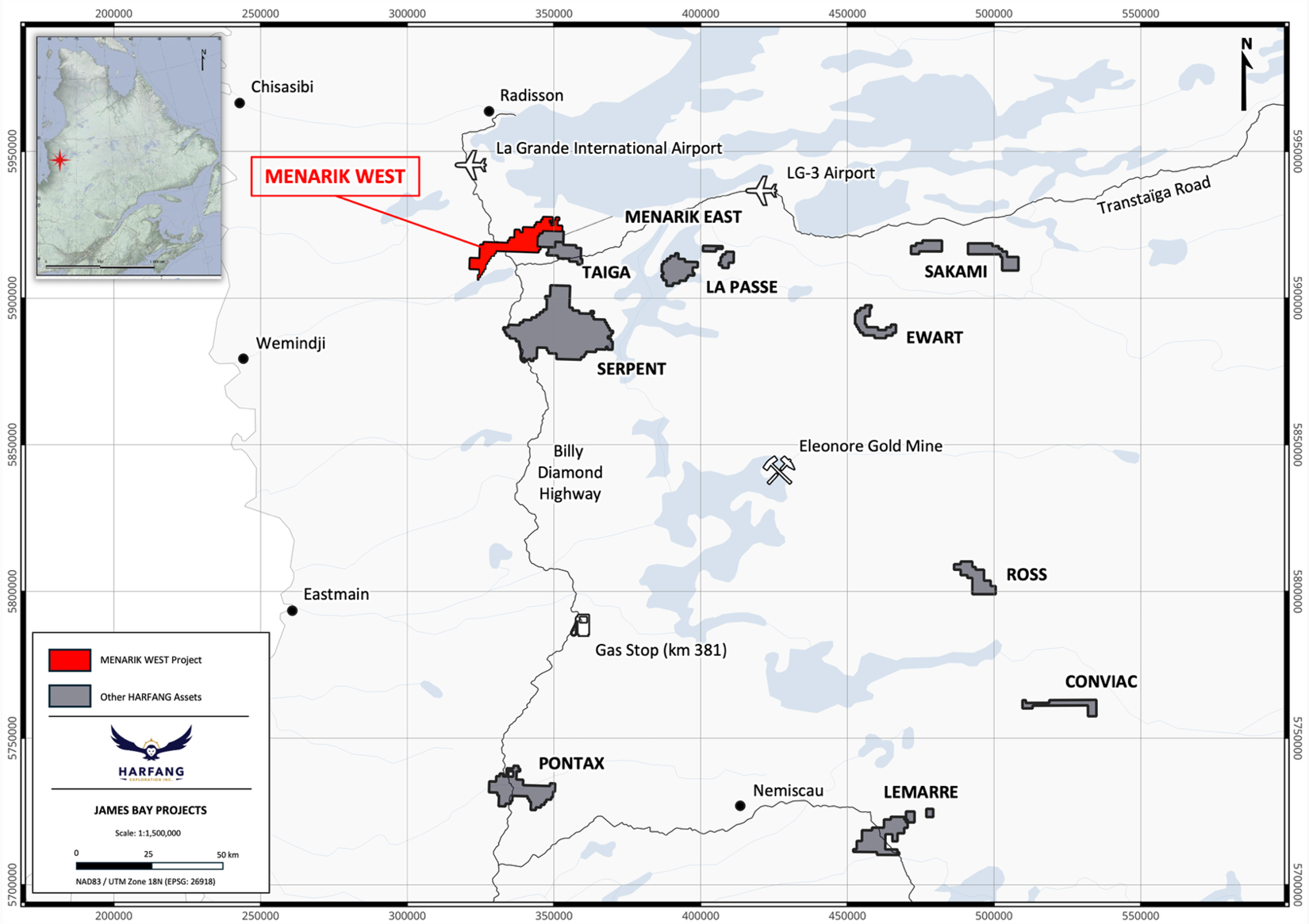 Figure 1. Location map of Harfang’s projects in Eeyou Istchee James Bay, Québec, highlighting Menarik West