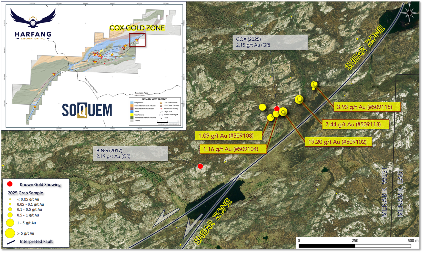 Figure 3. Select grab sample assay results from the Cox Zone at Menarik West
