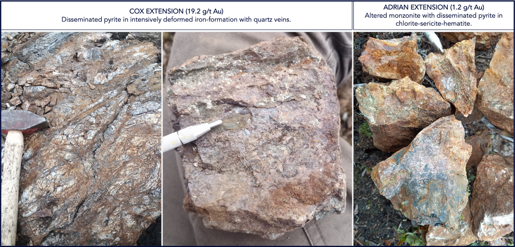 Figure 4. Pictures of select grab samples from the Fall 2025 exploration program at Menarik West
