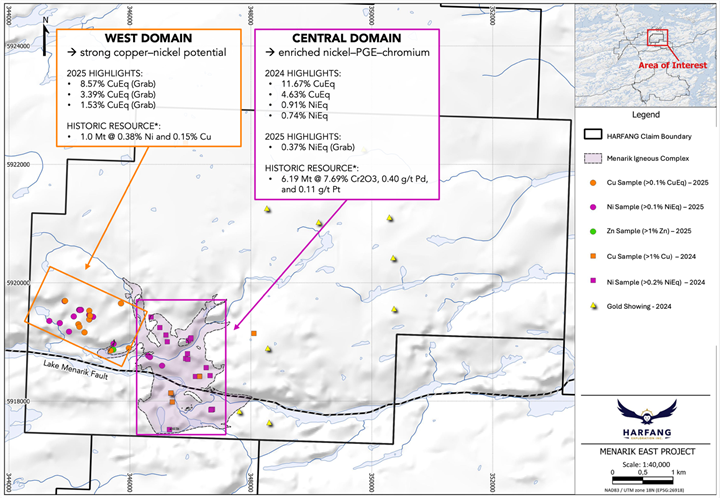 Figure 2. Exploration highlights from Menarik East, showing the West and Central Domains.