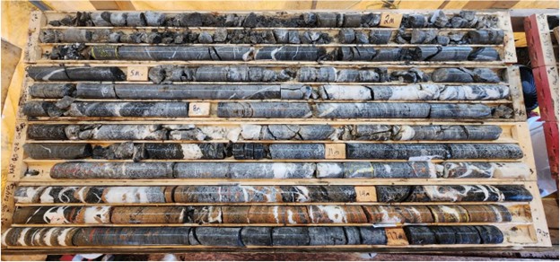 Core from KAP-25-001B between 1.40 m and 17.25 m showing intervals of Manetoe Facies with locally strong zinc-gallium-germanium mineralization. Mineralized sections occur as discrete zones within a broader sequence of variably altered and veined carbonate host rocks.