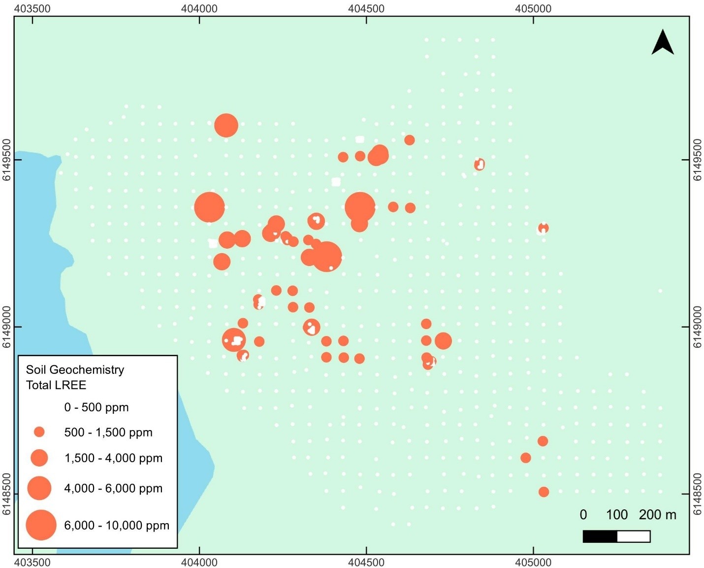 Distribution of LREE (Light Rare Earth Elements) concentrations in soils across the Burntwood project