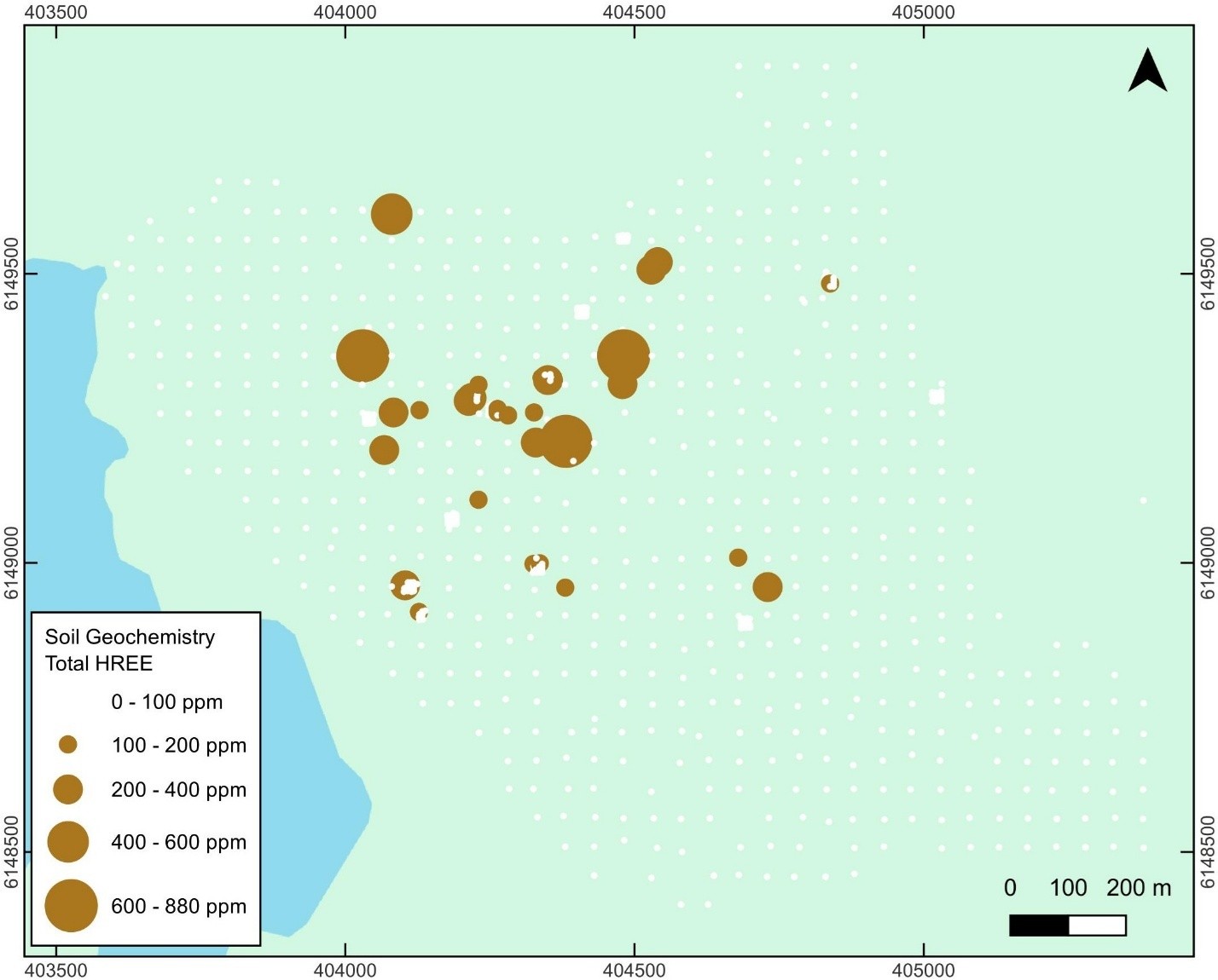 Distribution of HREE (Heavy Rare Earth Elements; including yttrium) concentrations in soil samples at the Burntwood project