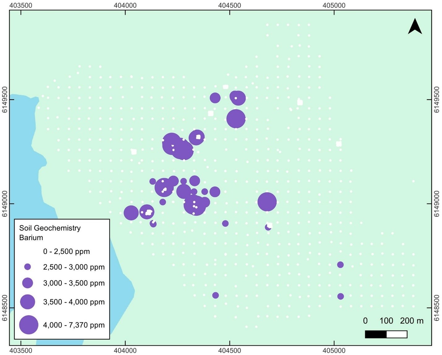 Distribution of barium (Ba) concentrations in soil samples from the Burntwood project area