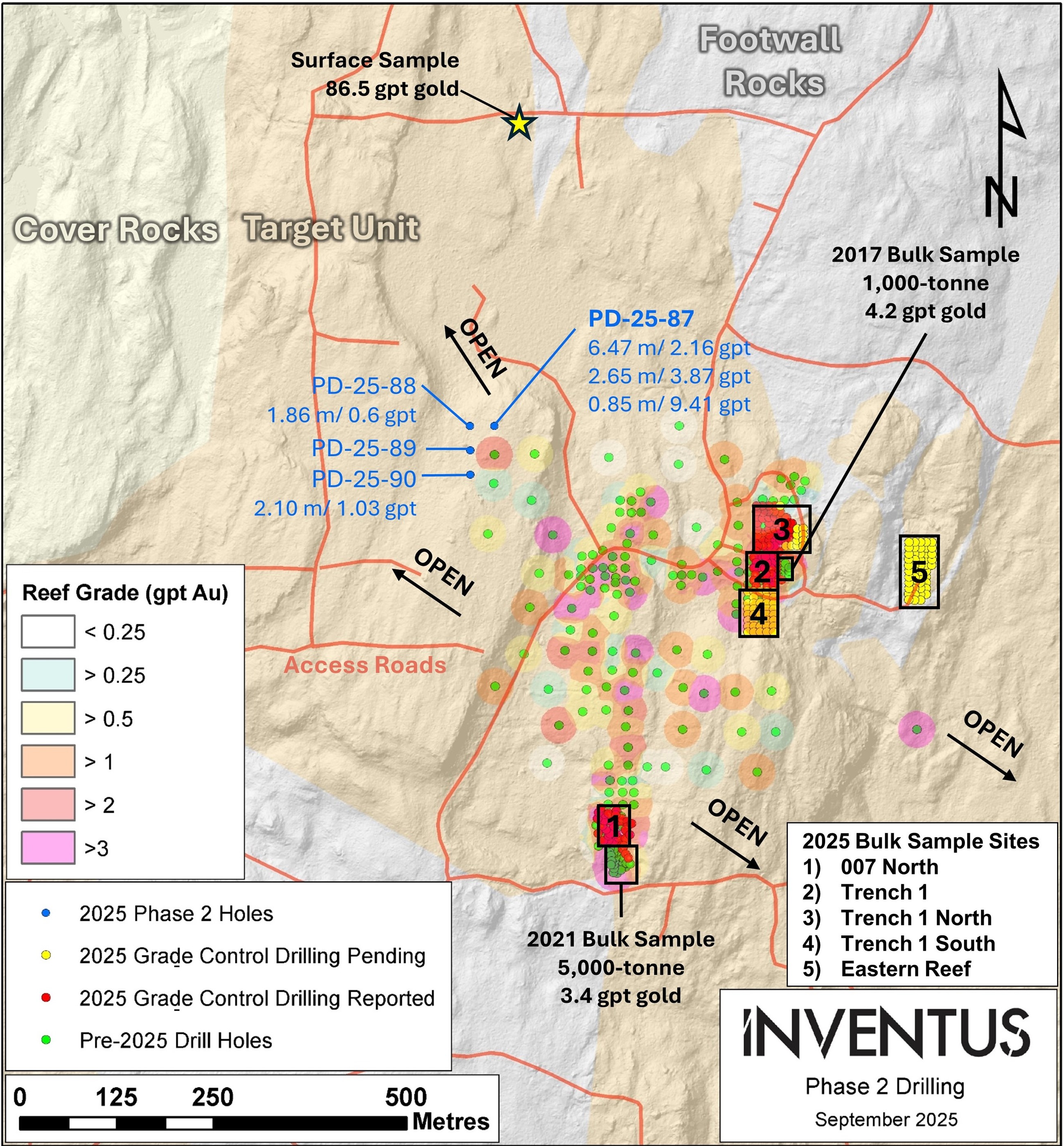 Plan map illustrating the location of Phase 2 drill holes. Lidar and simplified geology background with gold grade (gpt Au) of the approximately 2-metre-thick flat-lying gold-bearing reef at the Pardo Gold Project.