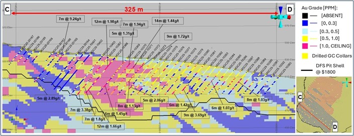 Cross-Section CD - Mansounia GC Drilling Assay vs Mansounia resource block model