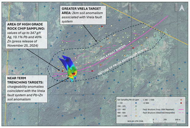 2D inversions of induced polarization data from the Vrela Prospect superimposed over a plan view of the Vrela Fault System.