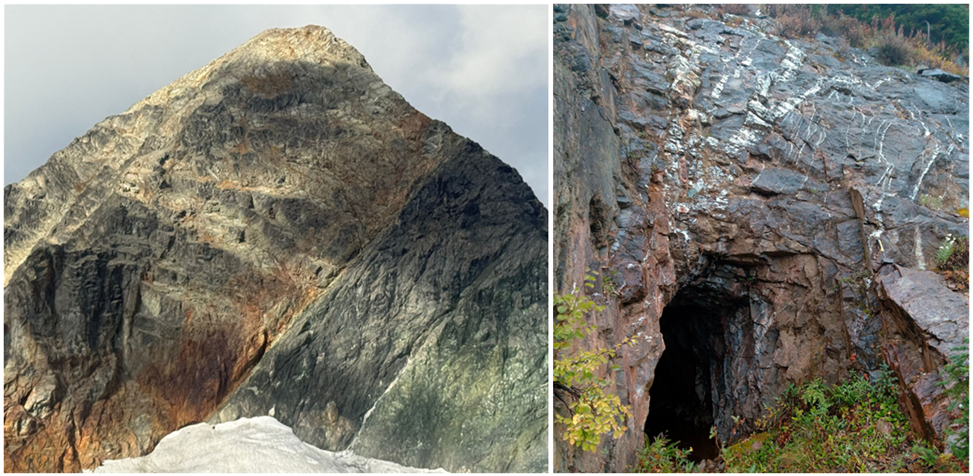 Altura East Project: (Left) Massive gossan alteration (Right) Historical adit in heavily quartz-veined rock