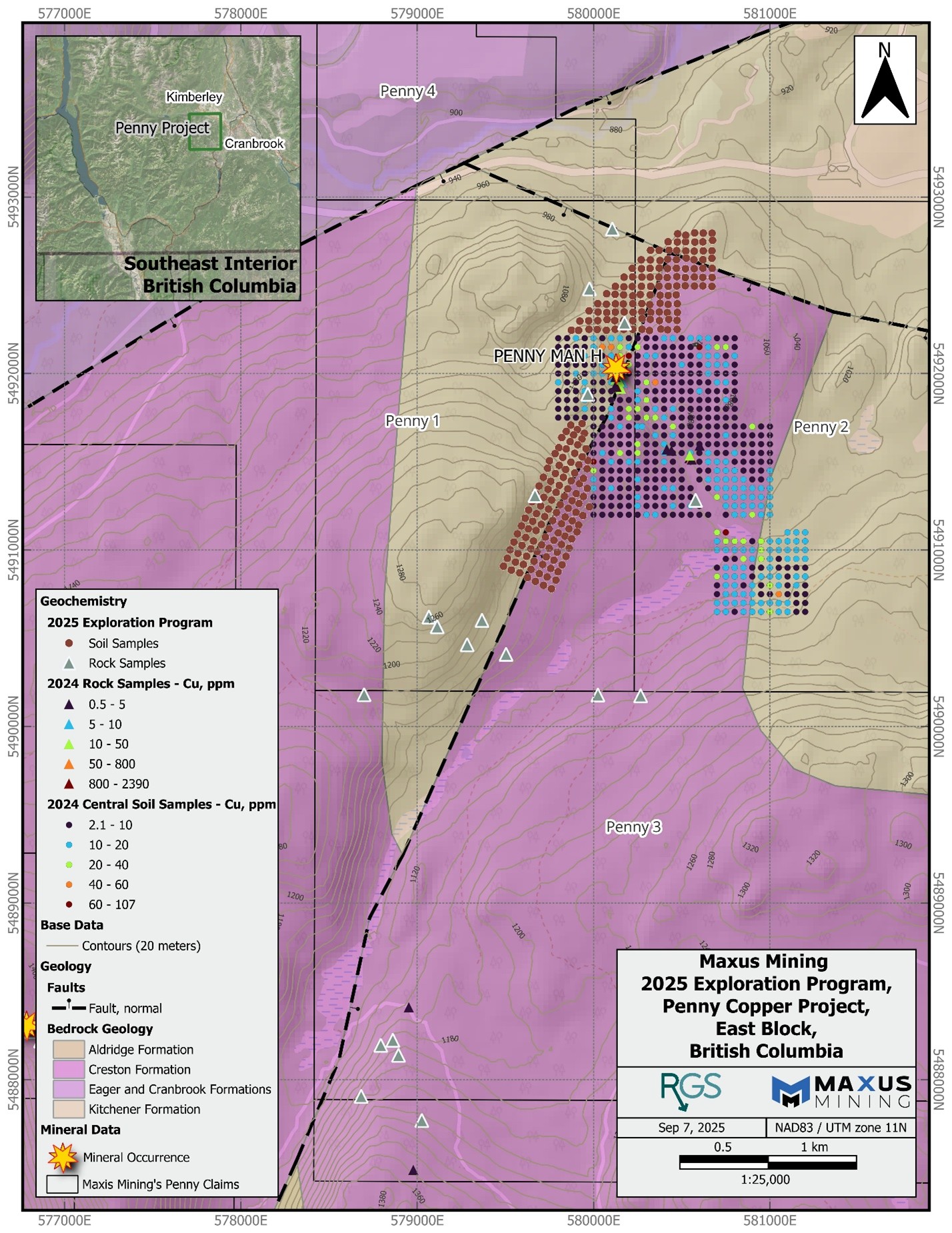 Map of 2025 exploration program activities (soil and rock samples) on the east block of the Penny Property. Including geochemical results of the 2024 program.