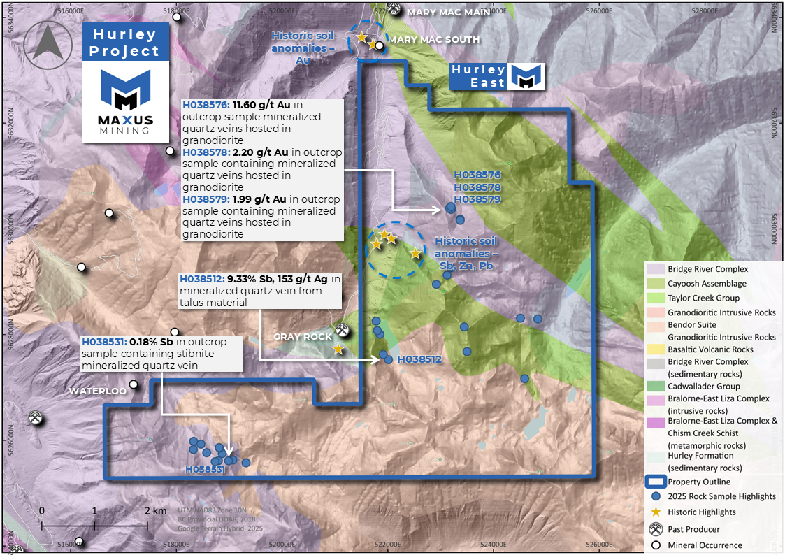 Figure 2: Hurley East Project, Highlighting 2025 Surface Sampling Results.
