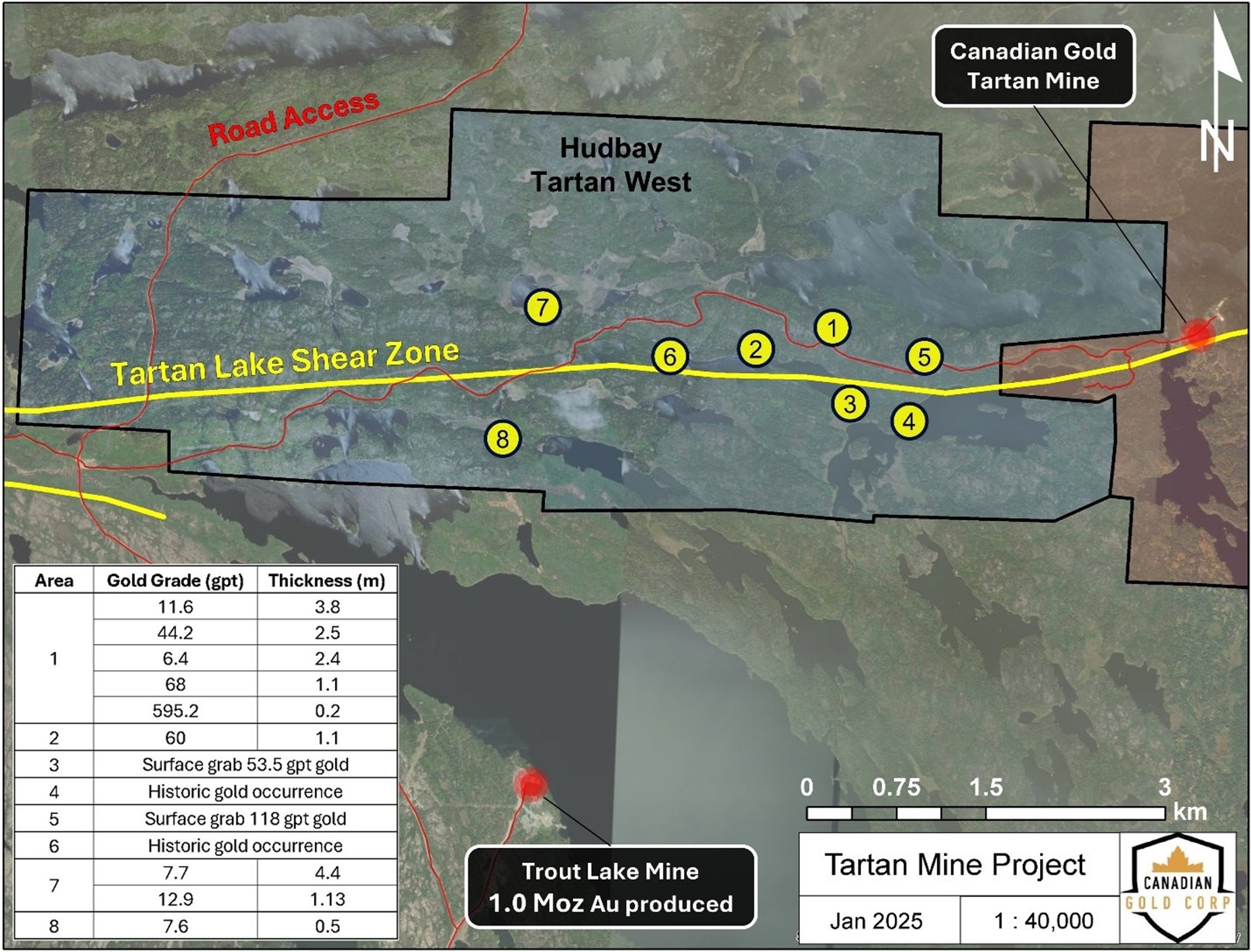 Figure 4. Location of highlight historic gold occurrences on the Tartan West Property