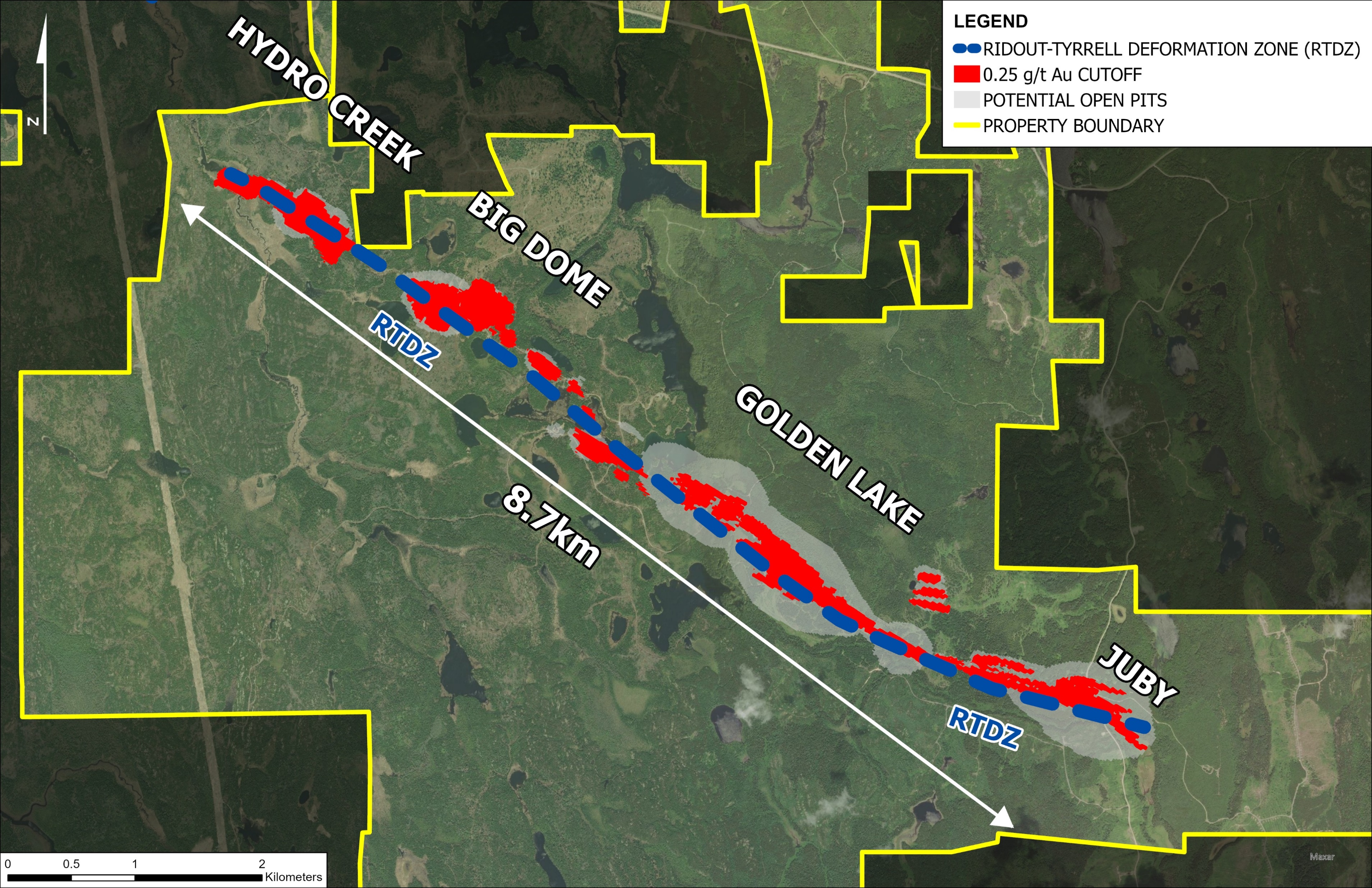 Figure 2 – Plan view of Juby Gold Project Highlighting 4 Zones of Mineralization