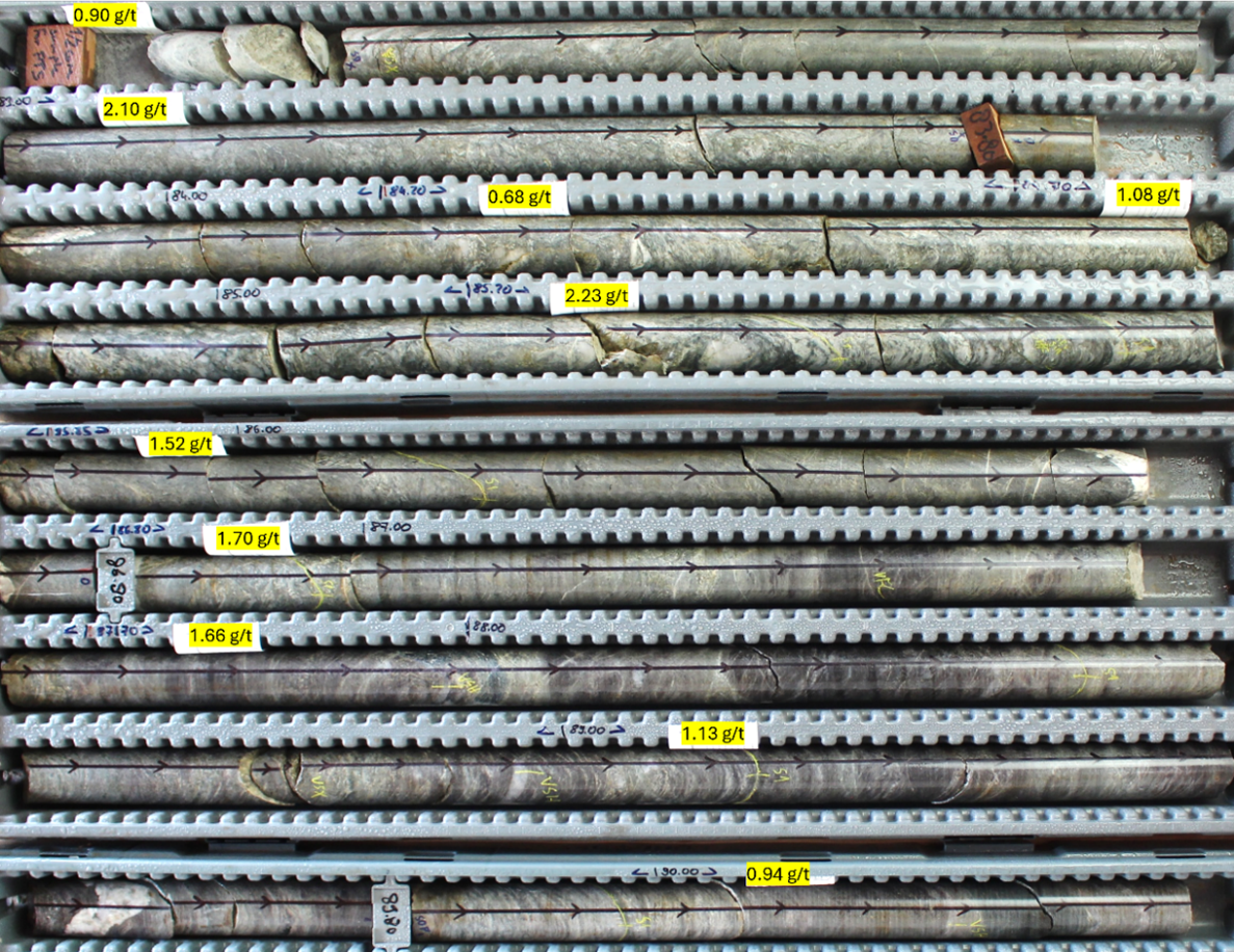 25DDH-SEL-046 from 74 to 90 meters (within 17m of 1.59 g/t gold from 74 m), showing continuous grade distribution.
