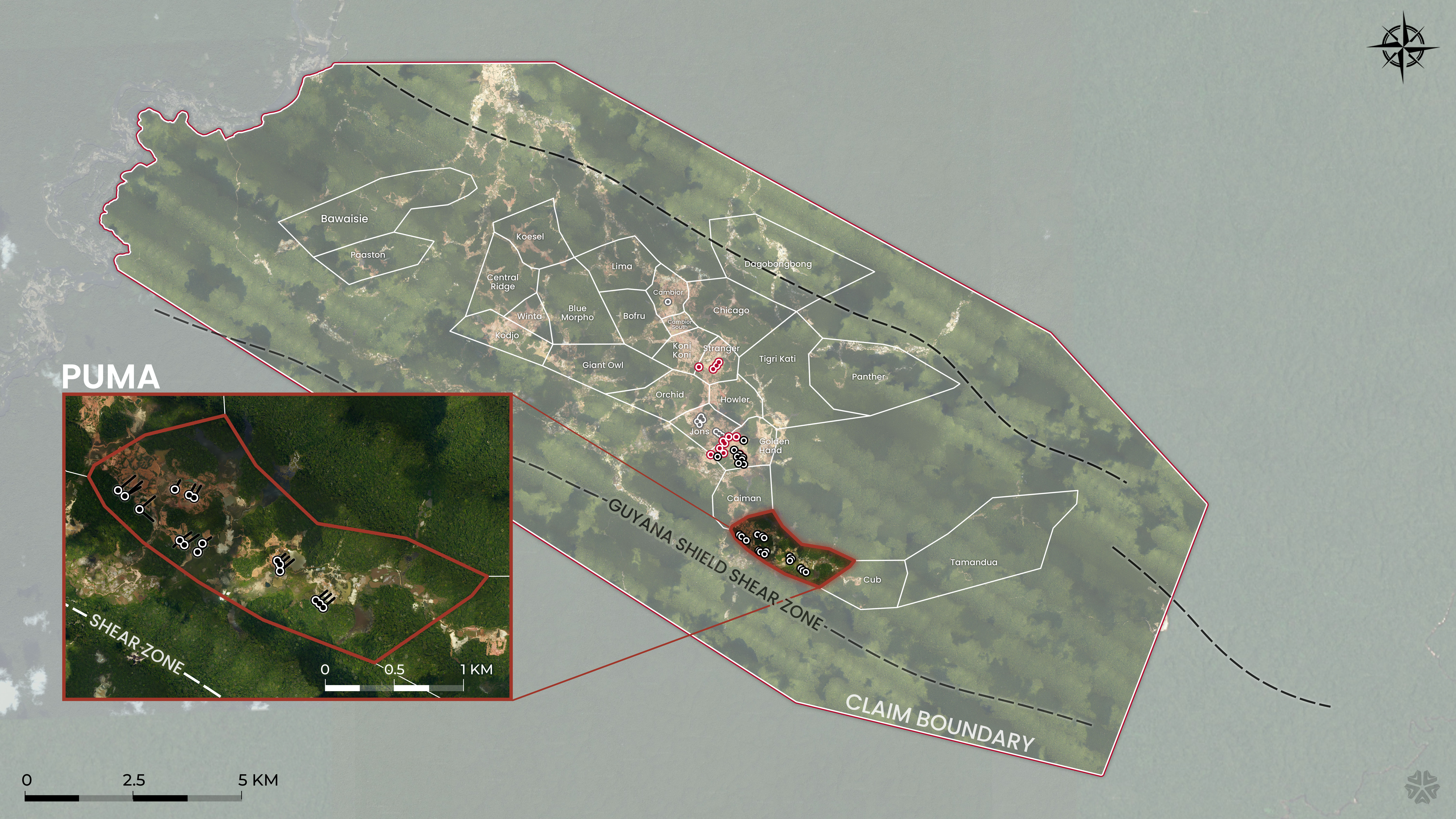 Drilled areas in red and target areas in white, overlain on orthophotos flown in 2024 on the 215 km2 Sela Creek gold project. Planned drill collars are shown in black, drilled collars in red.