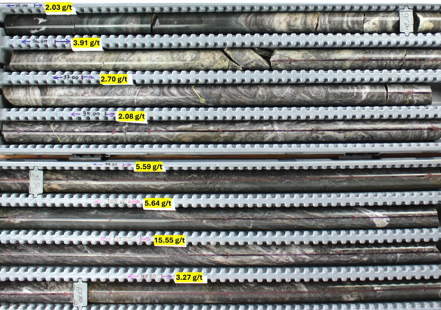 25DDH-SEL-033, showing the interval from 94.93 m (top left) to 102.60 m (bottom right). The interval from 99 m to 102 m yielded a grade of 8.93 g/t gold over 3 m . Note, assays displayed at beginning of sample intervals.