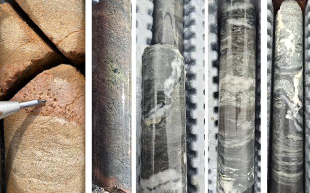 From left to right: 25DDH-SEL-018 at 71m, relic boxwork pyrite in quartz vein in oxidized zone. 25DDH-SEL-018 at 82.6m, intense k-feldspar and biotite alteration. 25DDH-SEL-019 at 172m Quartz vein with pyrite in selvage. 25SEL-DDH-019 at 172m intense veining and alteration. 25SEL-DDH-019 at 117.2m, intense veining, both foliation parallel and cross-cutting.