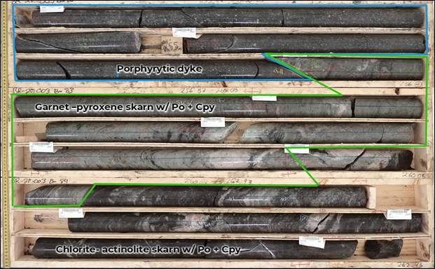 Hole BR25-003 at 256m. Thick Interval of intensely skarn altered rock with frequent patchy pyrrhotite (Po) +/- chalcopyrite (Cpy) +/- sphalerite. Follows a porphyritic dyke unit with sparse disseminated pyrrhotite.