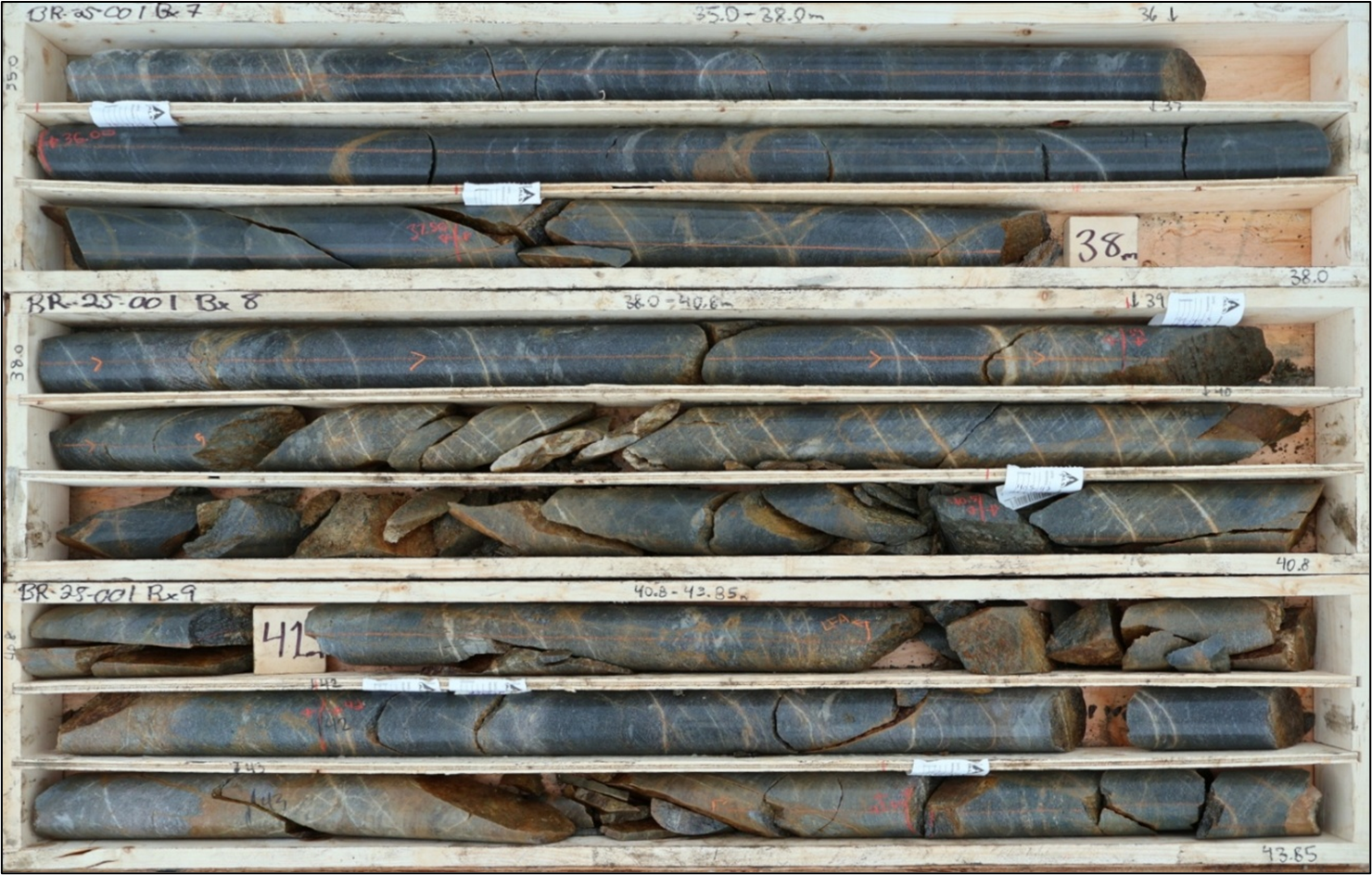 Hole BR25-001 at 40m. Sheeted quartz-calcite veins cutting through silicified schist unit.