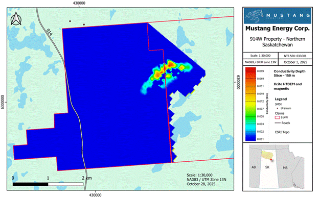 Aerial HTDEM survey from Project 914W showing electromagnetic responses along a conductivity depth slice at 150 m depth, demonstrating high response along the east-central portion of Block 914W.