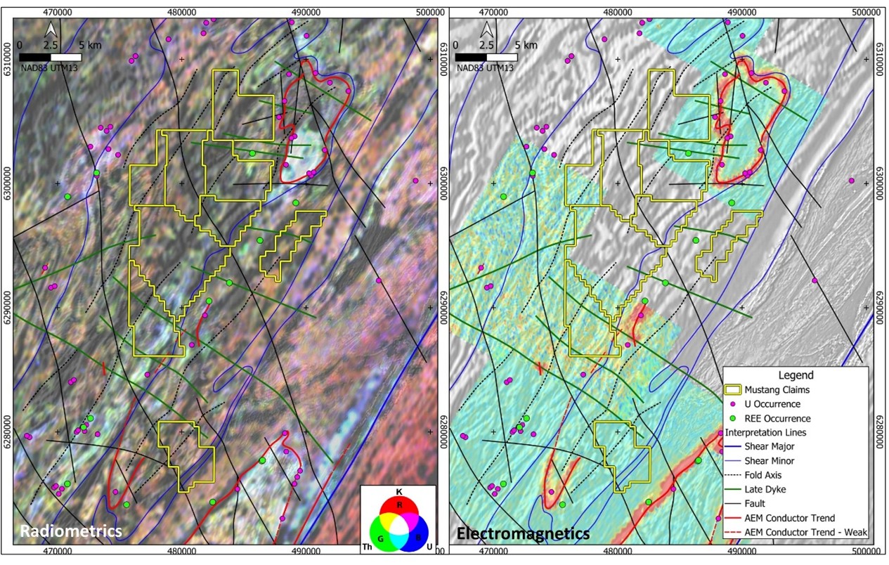 Spur project claims, mineral occurrences and select interpretation lines over a ternary radiometric image (left) where K is red, Th is green and U is blue, and late EM decay time images from 3 adjacent airborne EM surveys (right) where hot colours indicate electrical conductors, all overlying greyscale magnetic derivative background images. Note that this are no available EM datasets over the main part of the Spur claim. (map layers retrieved from: Government of Saskatchewan Mining and Petroleum GeoAtlas and Natural Resources Canada)