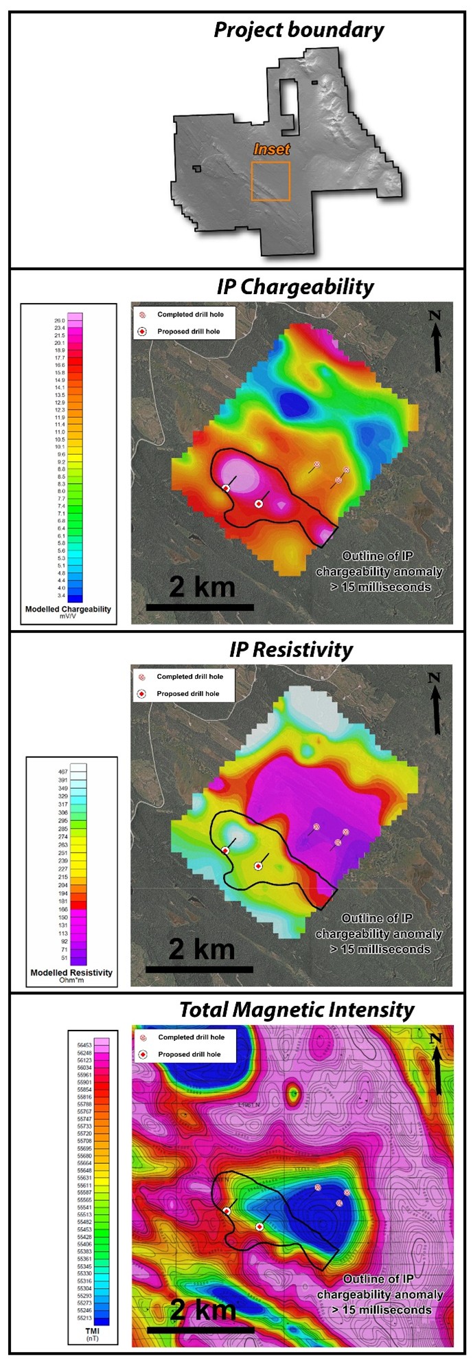 Maps showing three drill holes completed in February/March of 2025 and two proposed holes targeting chargeability highs outlined in an IP survey completed subsequent to initial drilling. IP depth slices at -300 m.