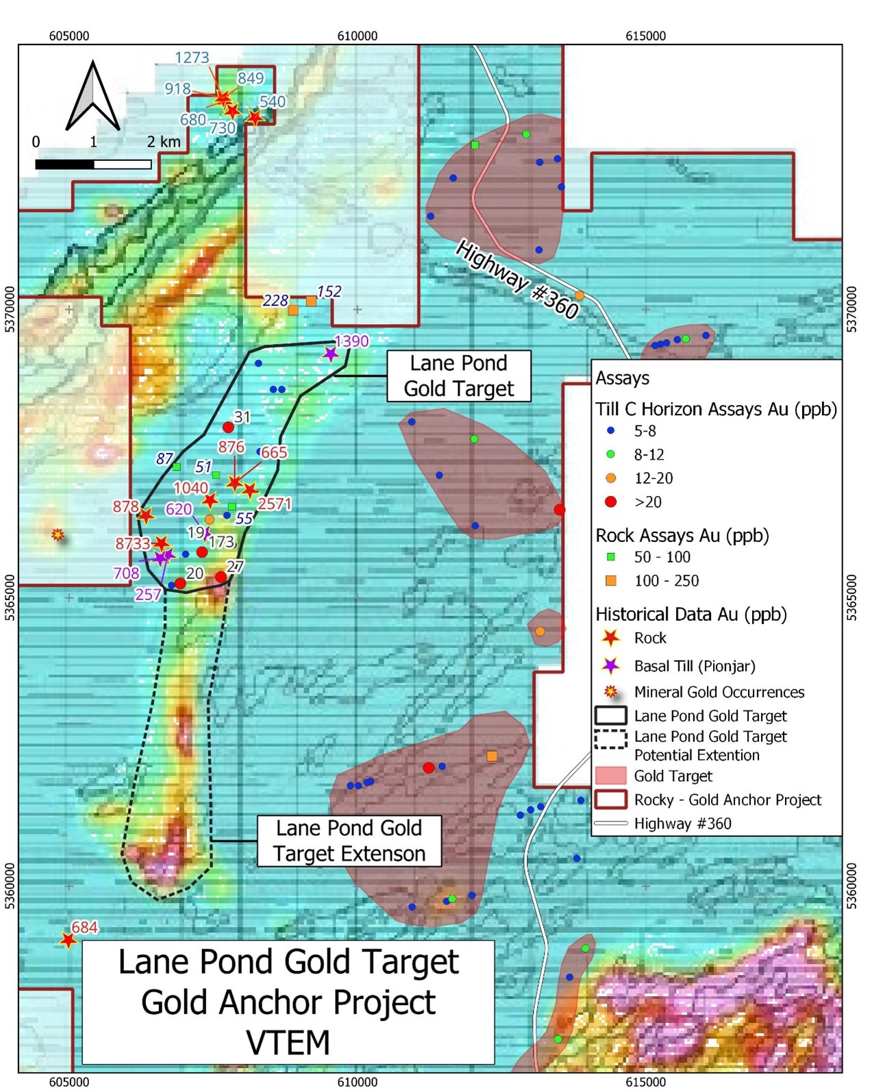 Lane Pond Gold Target VTEM Geophysics and Gold Values