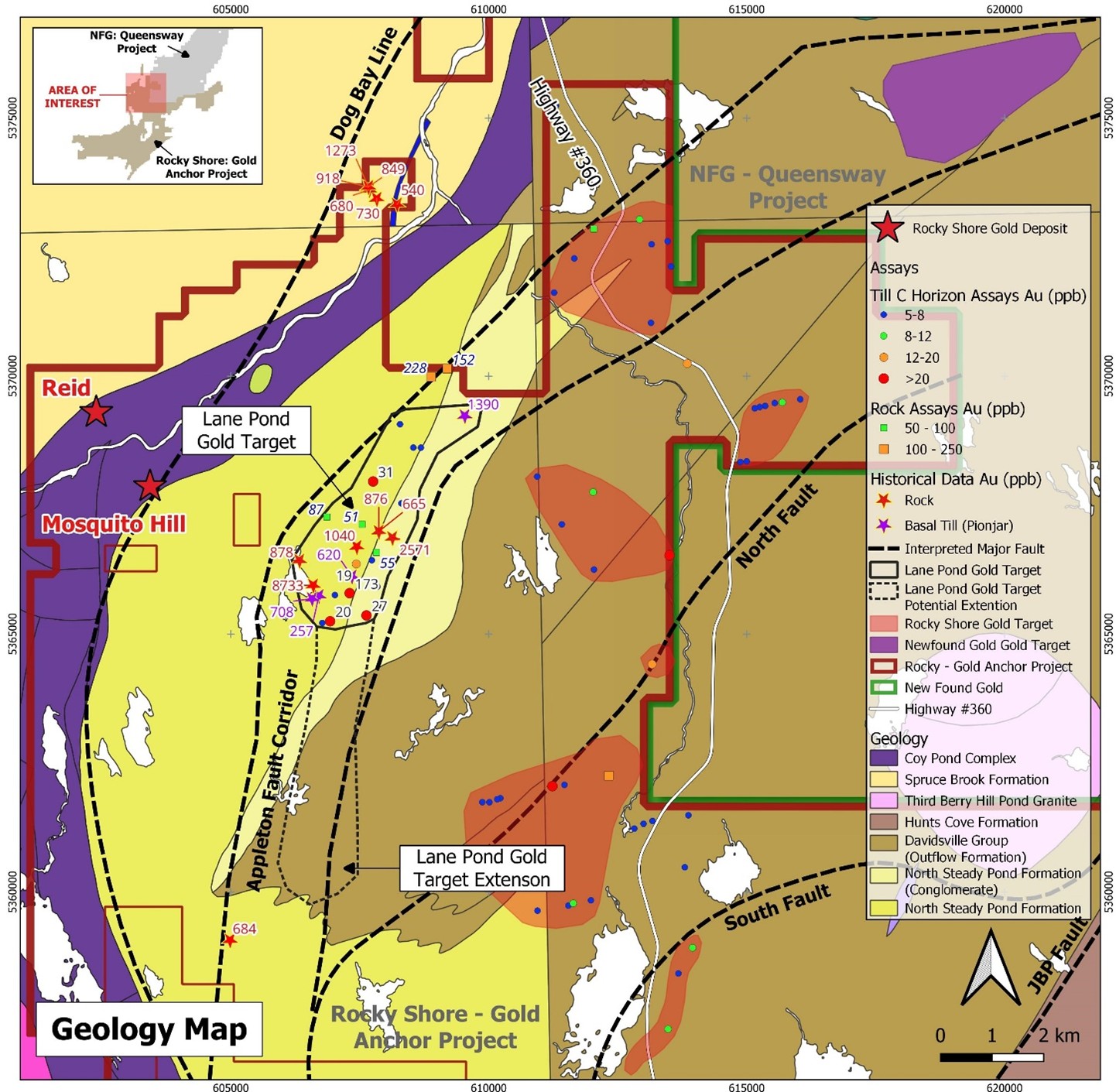 Gold Anchor Local Geology, Mosquito Hill and Reid Gold Deposits and Lane Pond Gold Target