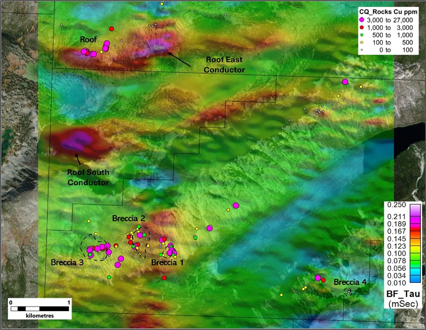 Distribution of the BFz Tau parameter as a proxy for conductivity highlighting two significant conductors: Roof East and Roof South